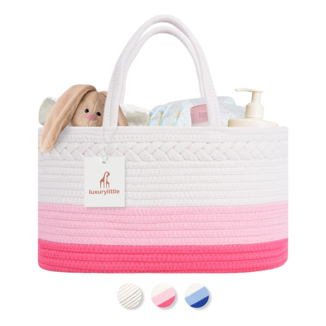 luxury little Diaper Caddy Organizer, Large Cotton Rope Nursery Basket, Changing Table Organizer for Baby Diaper Storage, Portable Car Organizer with Removable Divider, Baby Shower Gifts - Pink (Off White and Pink)