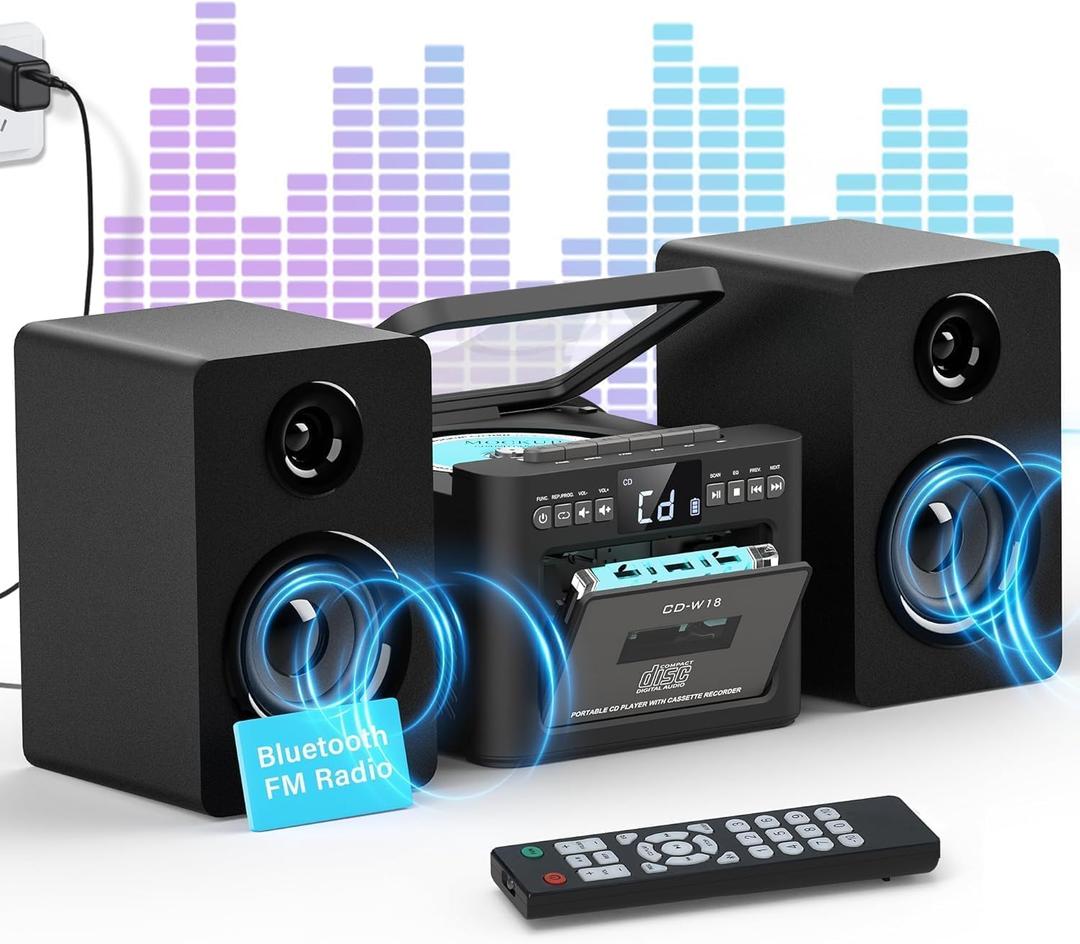Greadio Stereo System for Home with Boombox CD and Cassette Player Combo, 40W Home Stereo System with Bluetooth, FM Radio/USB/TF/AUX/Remote Control, Detachable Wooden Bookshelf Speakers (Black)