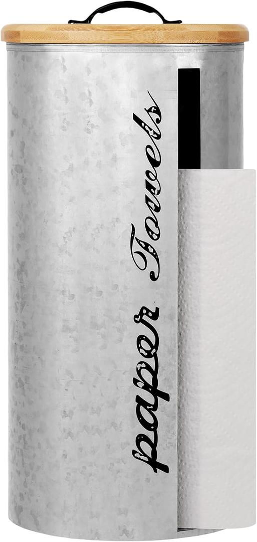 Beeveer Farmhouse Paper Towel Holder Covered Metal Rustic Countertop Paper Towel Dispenser with Wooden Lid Fully Covered Holder for Home Country Bathroom Kitchen 6.3 x 6.3 x 13.4'', Silver