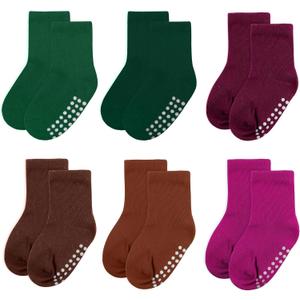 2 x 6 pack baby socks, cotton crew children's socks, non-slip grip socks, unisex, for toddlers, boys, girls, 12-24 Months (6 Pairs-green/Darkgreen/Redbrown/Maroon/Caramel/Magenta)