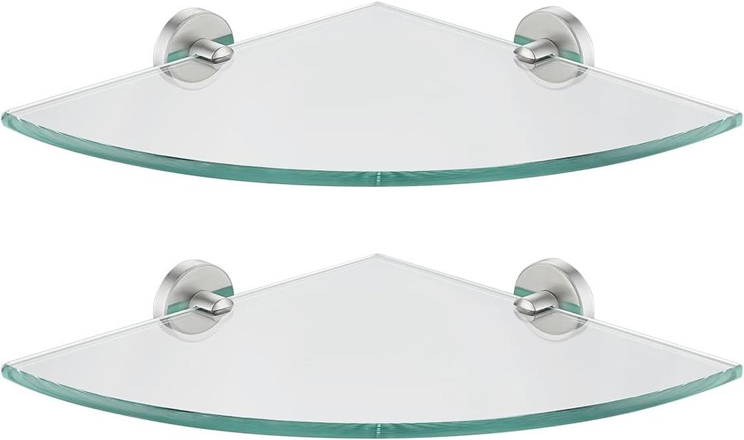 JQK Corner Glass Shelf, Brushed Steel Bathroom 304 Stainless Steel Shower Triangle Floating Wall Shelf, 10 x 10 Tempered Glass, 2 Pack, TGS190L10-BN-P2