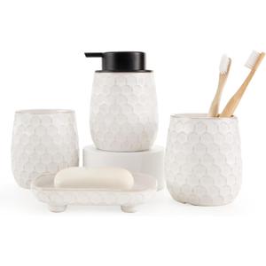 Bathroom Accessory Set 4PCS, Ceramic Bathroom Accessories Set, Bathroom Accessories Sets Complete, White Honeycomb Design, Home Apartment Modern Bath Decor Vanity Countertop, ANTIS'S HOME (Liquid)