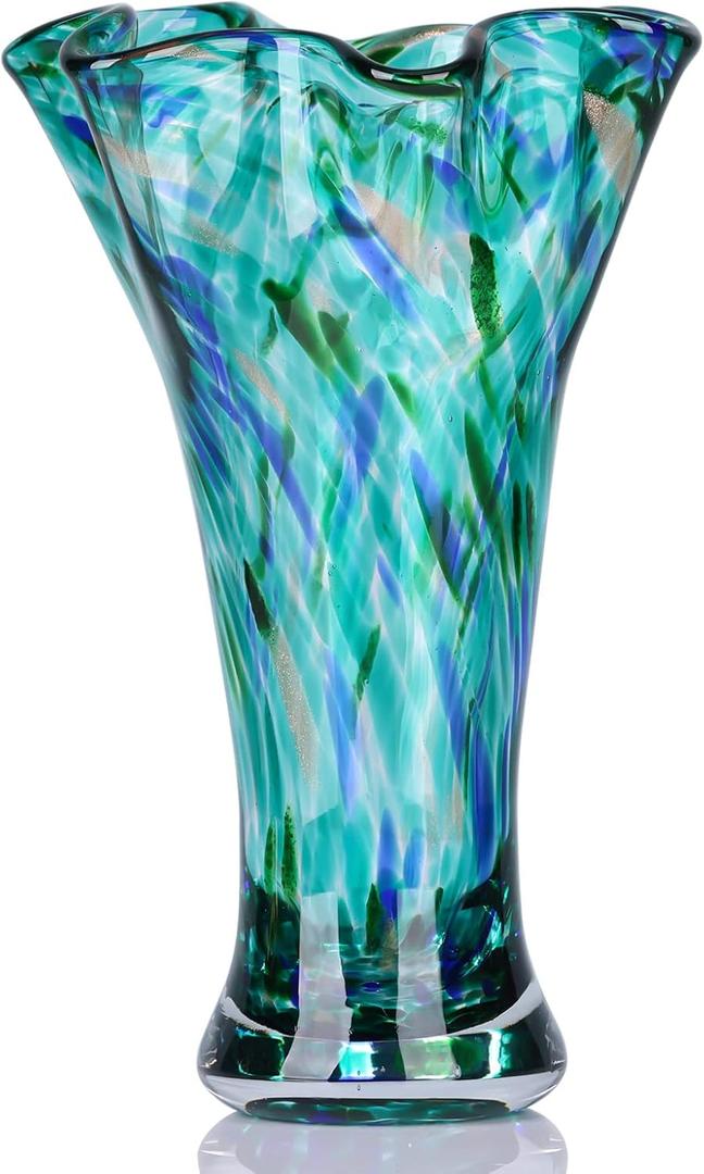 9.0" H Teal Glass Vases for Flowers, Unique Hand Blown Glass Vase Green Home Decor, Wide Mouth Colorful Flower Vase Centerpieces, for Living Room Table Bookshelf, Bathroom Office Shelf Decorative