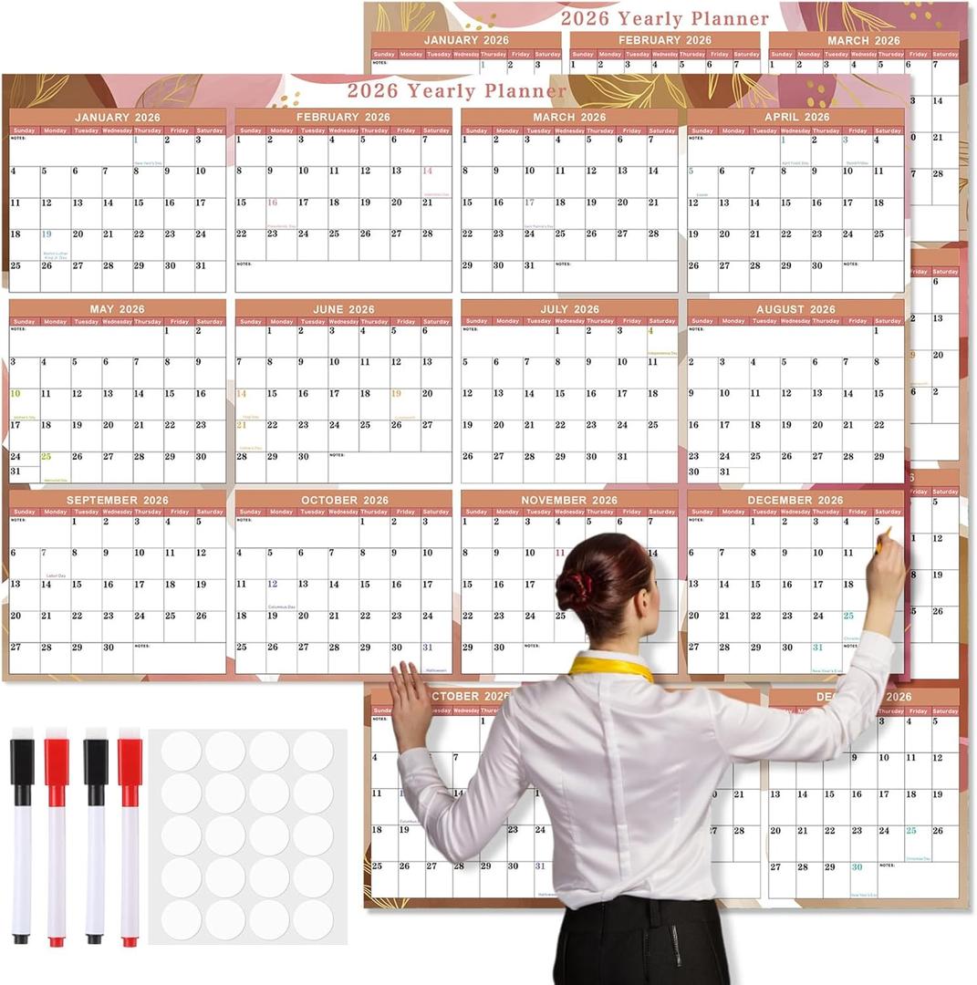 2026 Wall Calendar 32" x 48" Dry Erase Erasable Jumbo XL Wet Dry Calendar Large Laminated Planner 12 Month Horizontal Vertical from January to December for Planning(Boho)