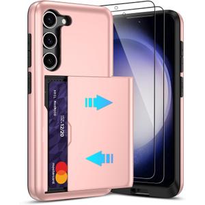 Pilaru for Samsung Galaxy S23 Plus Case with Card Holder and (2 Pcs) HD Screen Protector, Slim Heavy Duty Dual Layer Shockproof Design & Hidden Card Slot Wallet Case for Galaxy S23 Plus-Rose Gold
