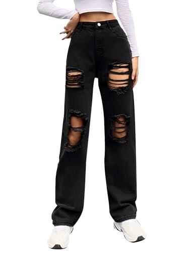 Genleck Women Loose Ripped Boyfriends Jeans High Waist Baggy Denim Pants Distressed Wide Leg Y2K Mom Jeans Black 90s, L