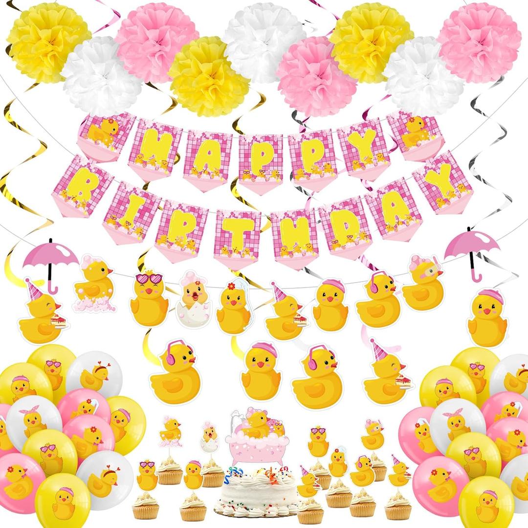 Outus 77 Pcs Pink Ducky Party Decorations Cute Duck Happy Birthday Party Accessory Include Lovely Duck String Hanging Banner Pom Pom Flowers Hanging Swirls Latex Balloons Cupcake Topper for Birthday, Cute Ducky