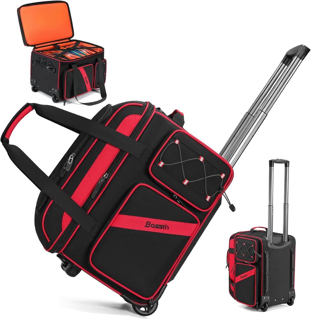 BOSSTIN Rolling DJ Cable Bag with Wheels  DJ Gig Bag Case for Equipment with 15.6" Laptop Compartment, Padded Detachable Dividers, Multi-Pocket Travel Storage for Music Gear & Accessories