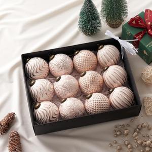 Pink Christmas Tree Ornaments Ball, 12 Pcs 4 Styles Hand-Polished Christmas Balls Shatterproof Xmas Hanging Ornaments Decor Set for Tree Garland Wreath (Rose Gold)