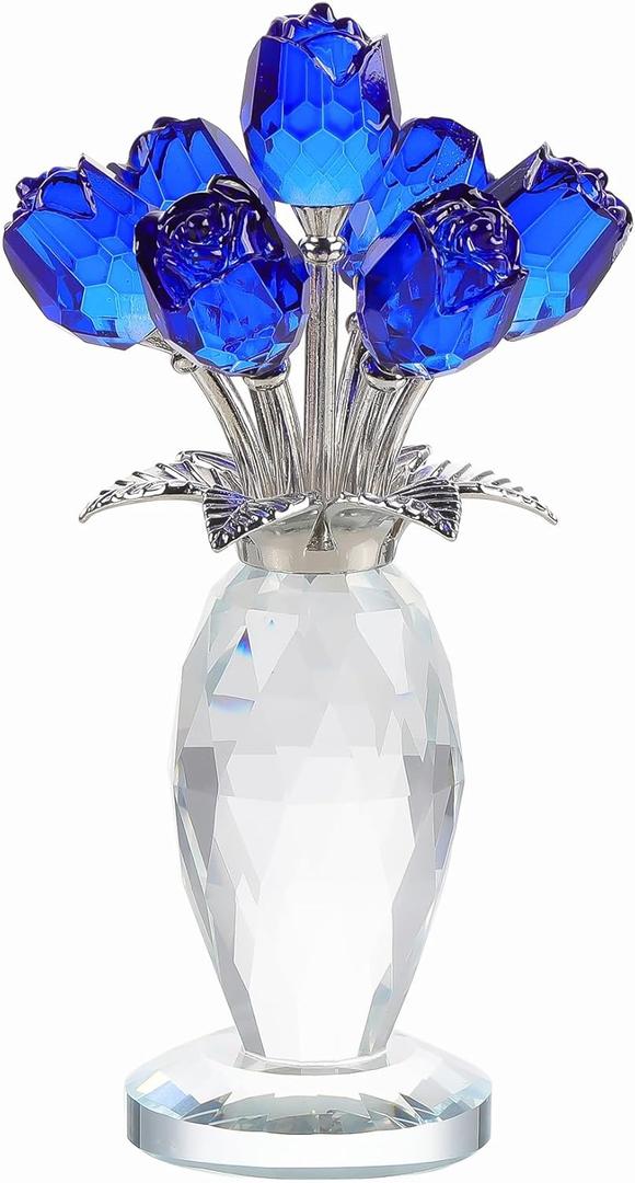 Crystal Blue Rose Flower Figurine with Vase, Handmade Romantic Rose Gifts Bouquet for Wife Mom Women, Glass Rose Flower with Stem Home Decor for Valentine Mother's Day Christmas