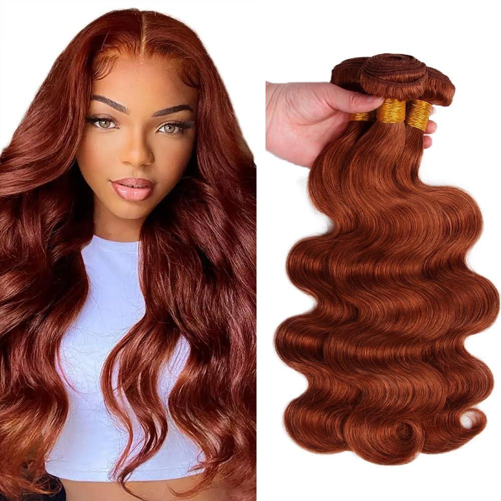 Peenoll 22 24 26 Inch Body Wave Human Hair Bundles Cooper Red Brown Color 33 Bundles Human Hair 12A Unprocessed Brazilian Virgin Quick Weave Hair Extensions for Black Women