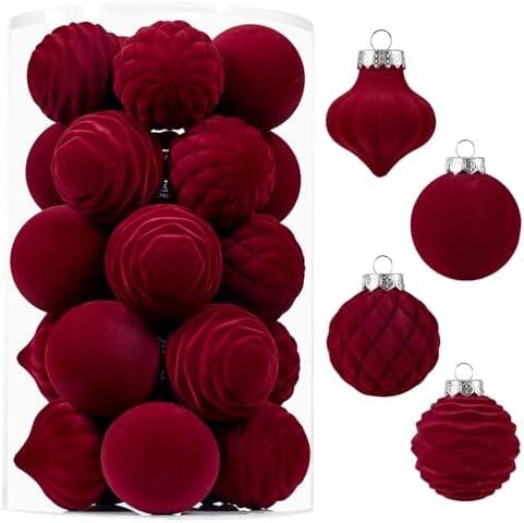 Wironlst Velvet Christmas Balls with Loop – 5Style Flocked Matte Velvet Ornaments, Shatterproof & Lightweight Holiday Decorations for Christmas Tree, Modern Seasonal Decor Set (2.36" 25pcs Burgundy)