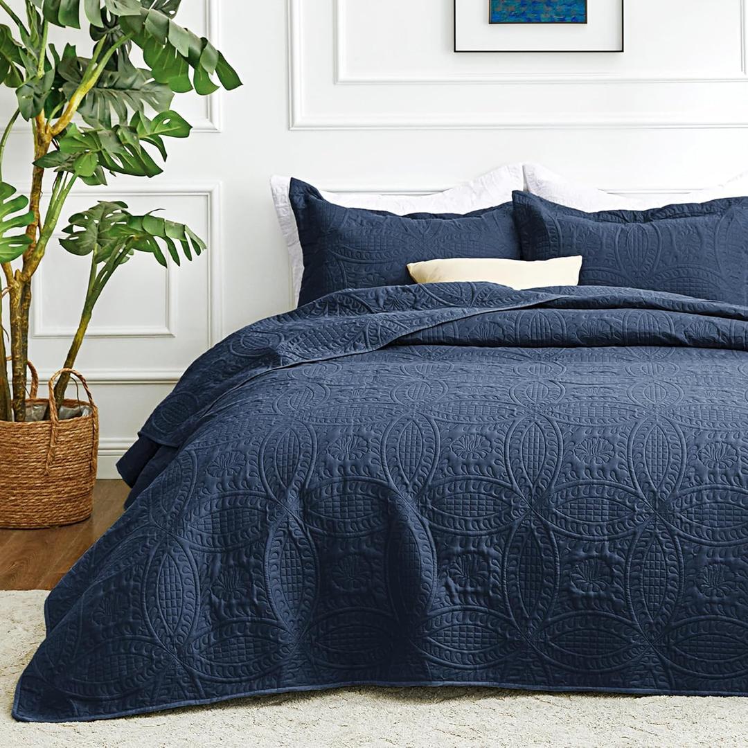 Love's cabin King Size Quilt Set Navy Blue Bedspreads - Soft Bed Summer Lightweight Bedspread Comforter - Modern Style Coin Pattern Coverlet for All Season - 3 Pieces (1 Quilt, 2 Pillow Shams)