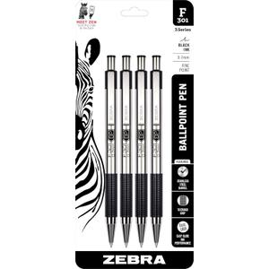 Zebra Pen F-301 Ballpoint Black Ink Fine Point 0.7mm Pen, Easy-Glide Ink, Stainless Steel Retractable, Non-Slip Grip, Professional Design, Ideal for Office, Journal and Planner Use, 4-Pack (27114)