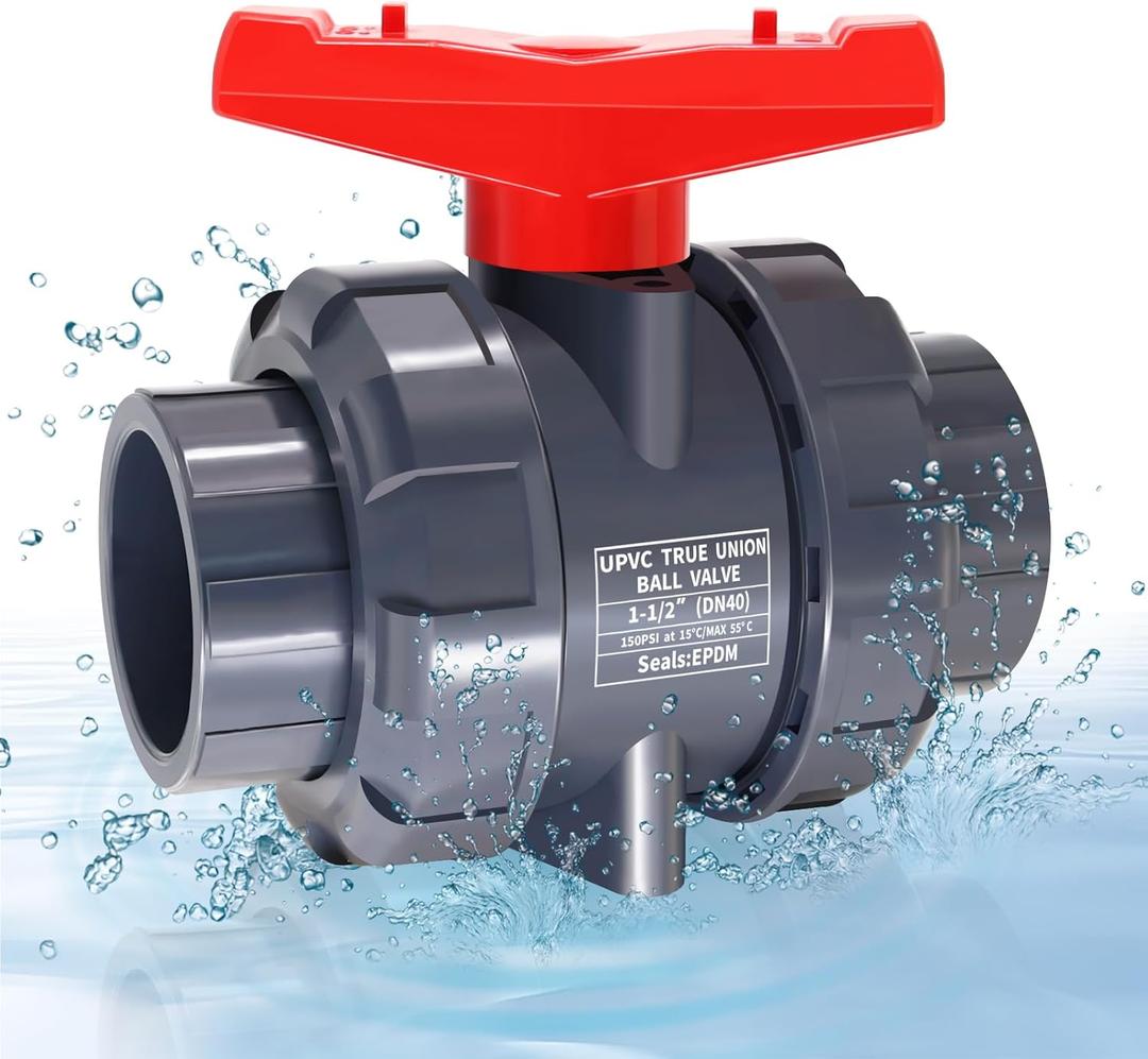 1 1/2" UPVC Union Ball Valve, Double True Union Ball Valve with Full Port Socket Slip Connection Port, EPDM o-Rings, And Reversible PTFE Seats for Swimming Pool, Irrigation(1, 1 1/2")