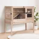 Guinea Pig Cage with Wooden Stand - Hamster Cage, Small Animal Cage Anti Chew Ramp, Hideout, Platform, Pull Out Tray (Wood, L)