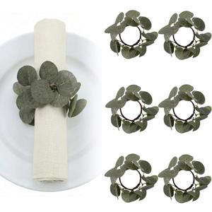 6 Pcs Eucalyptus Napkin Rings for Wedding Dining Table Napkin Holder Wreath Artificial Pine Needle for Winter New Year Dinner Party Family Gathering Banquet Xmas Serviette Buckles