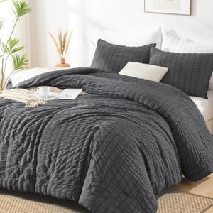 AveLom Seersucker Queen Comforter Set (90x90 inches), 3 Pieces- 100% Soft Washed Microfiber Lightweight Comforter with 2 Pillowcases, All Season Down Alternative Comforter Set for Bedding, Grey (Dark Gray)