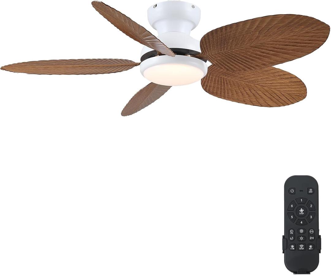 Ceiling Fans with Lights and Remote/APP Control, 45 Inch Low Profile Tropical Ceiling Fan for Living Room Bedroom, Outdoor Flush Mount Palm Leaf Ceiling Fan for Patios Porch, Wood Grain