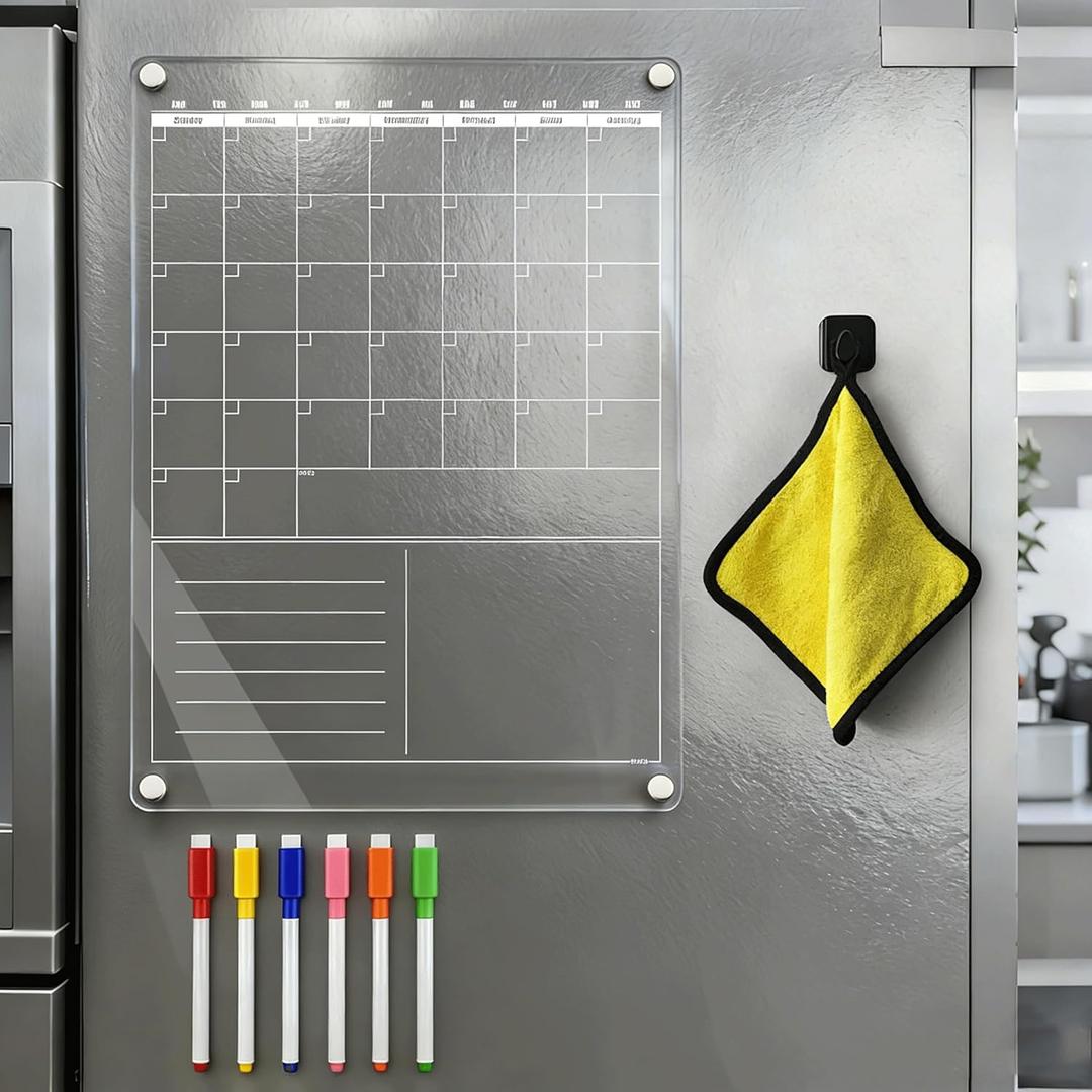 Acrylic Magnetic Dry Erase Calendar for Fridge Clear Vertical Monthly Whiteboard Planner Erasable Planning Board White 16" x 12" w/ 6 Color Wet Erase Marker