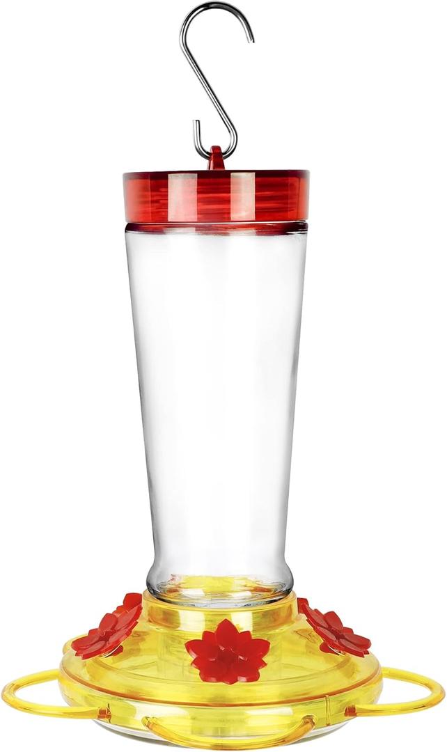 Joliyoou Hummingbird Feeder, 10 Once Glass Hummingbird Feeder Outdoor Hanging, Bird Nectar Feeder (Yellow Cover with Red Flowers - 1 PACK)
