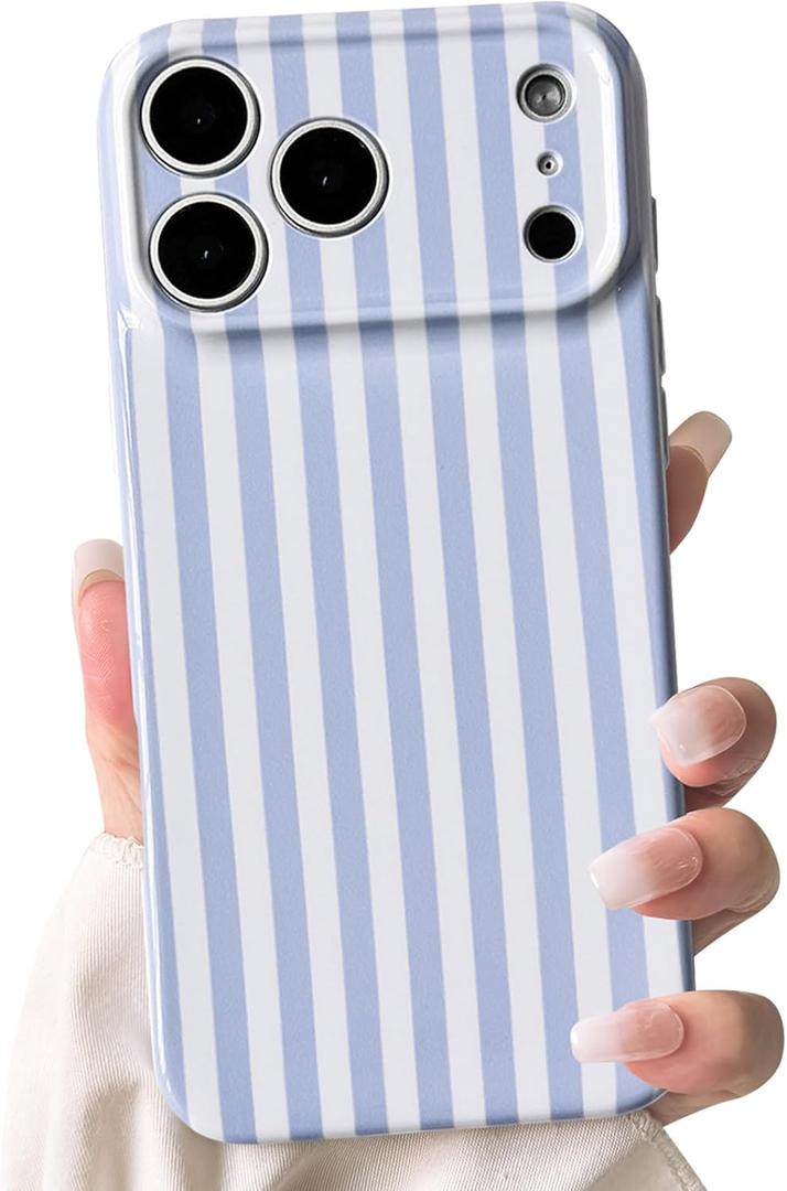 Lovmooful Compatible for iPhone 17 Pro Max Case Cute Aesthetics Color Silm Striped with Glossy Film Design for Girls Women Soft TPU Shockproof More Protective Girly for iPhone 17 Pro Max Case, Blue