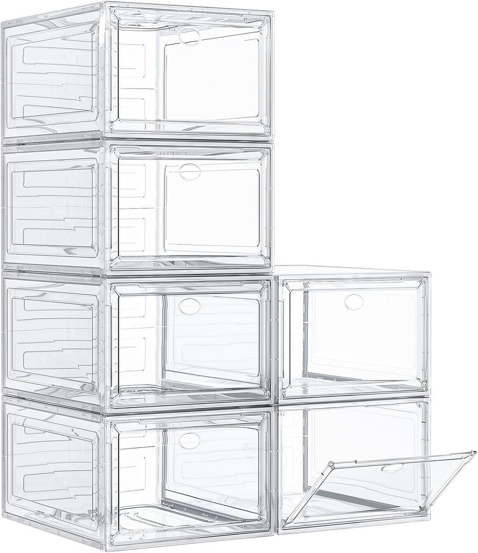 Thickened Clear Shoe Storage Organizer with Magnetic Door, Sturdy Stackable Shoe Boxes for Closet, Collapsible Space-Saving Shoe Rack for Sneakers & Boots, Plastic Shoe Cabinet Box Set, 6 Pack, White