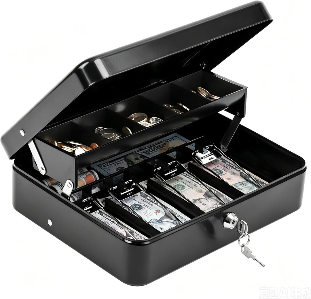 KYODOLED Cash Box with Key Lock, Metal Cash Drawer with Auto-Pop Coin Tray & Hidden Storage, Portable Money Box with Windproof Bill Clips for Small Business Yard Sales, 11.8x9.45x3.54 Inch, Black