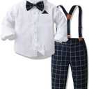 IDOPIP Toddler Kids Baby Boys Formal Suit Gentleman White Shirt with Bowtie + Suspender Shorts Pants Overalls Clothes 6M-5T (12-18 Months, Navy Blue Plaid - Pants)