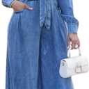 Voghtic Women's Sexy Denim 2 Pieces Outfits Fall Long Sleeve v Neck Crop Lace-Up Shirt Wide Leg Pants Matching Sets, Small