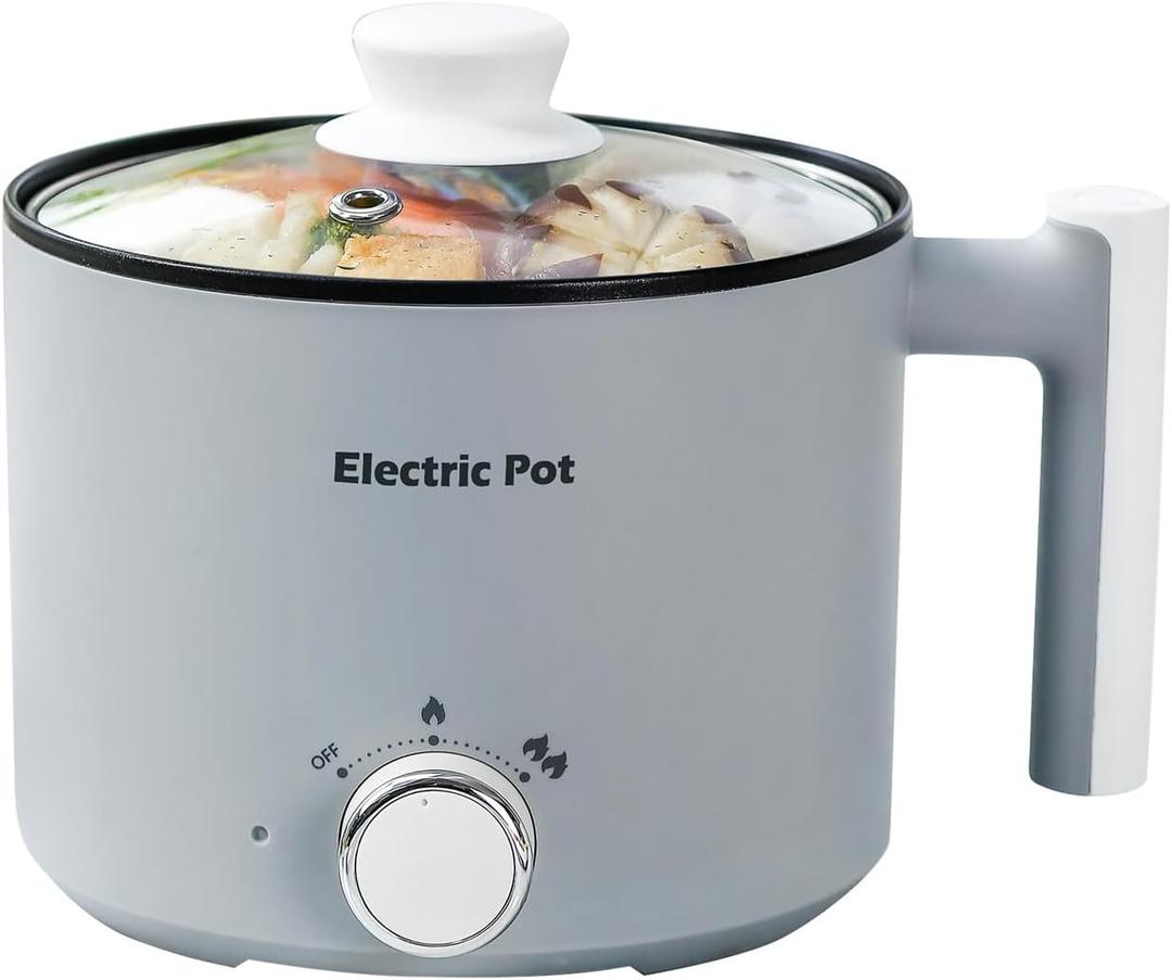 Electric Hot Pot:1.5 L Ramen Cooker, Dual Power Mini Portable Multi-Functional Lazy Pot for Pasta, Noodles, Egg, Soup, Non-Stick Noodle Cooker with Boil Dry Protection for Dorm, Office (Grey)