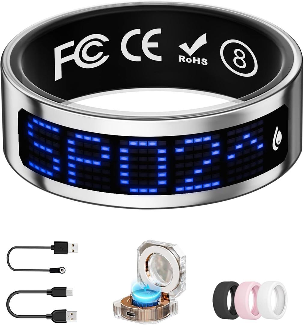 Smart Ring for Women & Men with Display, Health Ring with Heart Rate, Sleep Monitor, IP68 Waterproof Fitness Ring, Fitness Tracker Ring, No APP Fee for iPhone & Android (Silver, 8#)