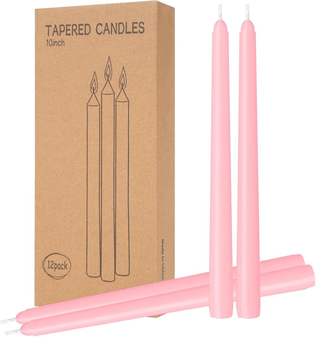 LYOBATH 12 Pack Pink Taper Candles - Taper Candles 10 Inch Dripless, Smokeless & Unscented - 8 Hours Long Burning - Ideal for Weddings, Dinner Parties, and Home Decor
