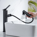 HANLIAN Single Handle Pull Out Bathroom Vessel Sink Faucet with Rotating Spout, Modern Single Hole Tall Bathroom Faucet with Pull Down Sprayer, One Hole High Bathroom Sink Faucet Black with 3 Modes