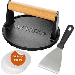 Alvexa™ Cast Iron Smash Burger Press Kit, 6.85" Heavy-Duty Burger Smasher with Wood Handle, 2 lb Grill Bacon & Meat Press, 304 Stainless Steel Spatula & 50 Patty Papers, Round Grooved