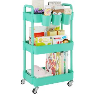 UDEAR 3-Tier Rolling Utility Cart,Multifunctional Storage Shelves with Handle and Lockable Wheels for Room,Office,Kitchen,Bathroom,with 3 Hanging Cups,Green