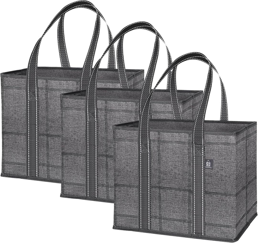 VENO 3 Pack Reusable Grocery Bags, Shopping Bags for groceries, Utility Tote with Handles and Hard Bottom, Foldable Shopping Cart Organizer, Water Resistant, Heavy-Duty (Windowpane, 6 Gallon)