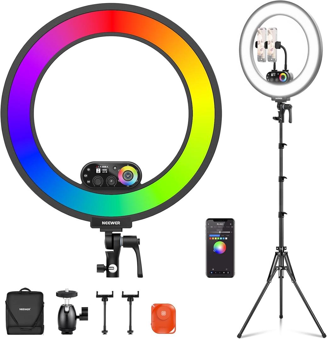 NEEWER RL45C 18" Edge Lit 45W RGB LED Ring Light with Phone Tripod Stand Remote CRI95+ 3100lux/0.5m 2500K10000K 360 Full Colors App/2.4G Control Compatible with iPhone Selfie Makeup Video Recording