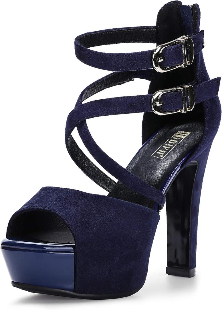 IDIFU Women's IN5 Charcy Crisscross Strappy Platform High Chunky Heels Peep Toe Pump Party Heeled Sandals (Blue, L)