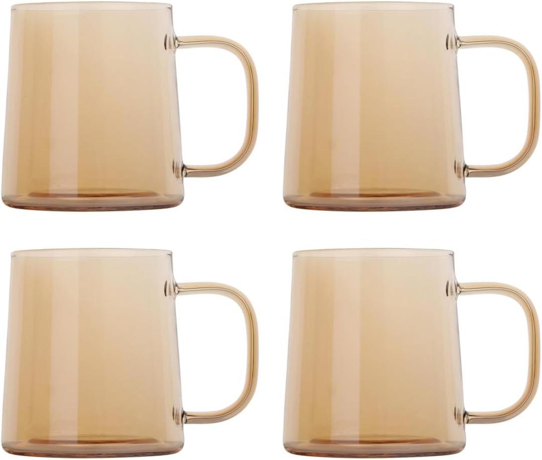 Set of 4 Amber Glass Coffee Mugs, 10 Ounces Glass Mugs, Tea Cup, Drinking Glasses