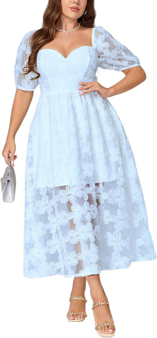 EYWOL Formal Wedding Guest Cocktail Plus Size Dress M-3XL, Floral Embroidered, Hide Tummy A-Line for Curvy Women (Blue, L)