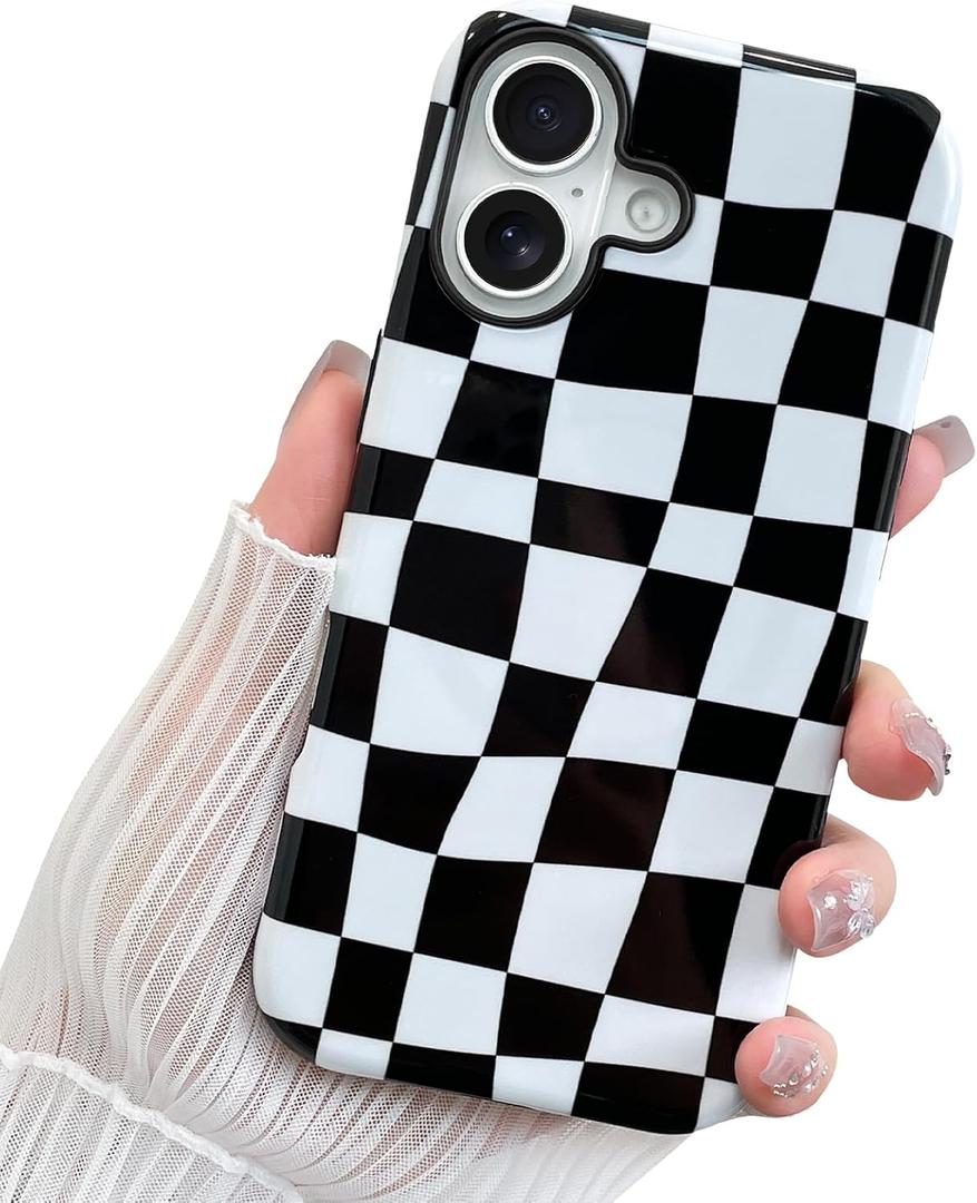 for iPhone 17 Case Black White Checkered Plaid Pattern | Cute Shockproof Soft TPU and Hard PC Protective Phone Case [Compatible with Magsafe] for Girls Women