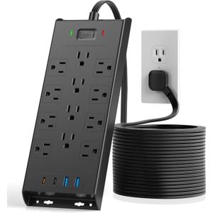 Surge Protector Power Strip 4800J, LeZone 10Ft Long Extension Cord Flat Plug, 12 Outlets 2 USB C 2 USB Ports, Wall Mountable, 20W Desk Charging Station, Black