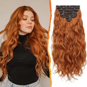 BARSDAR Copper Clip in Hair Extensions - 20 Inch 6PCs Full Head Beach Wavy Clip in Hair Extensions for Women - Voluminous Thick Soft Synthetic Hairpieces Daily Party Halloween- Cowboy Ginger Copper
