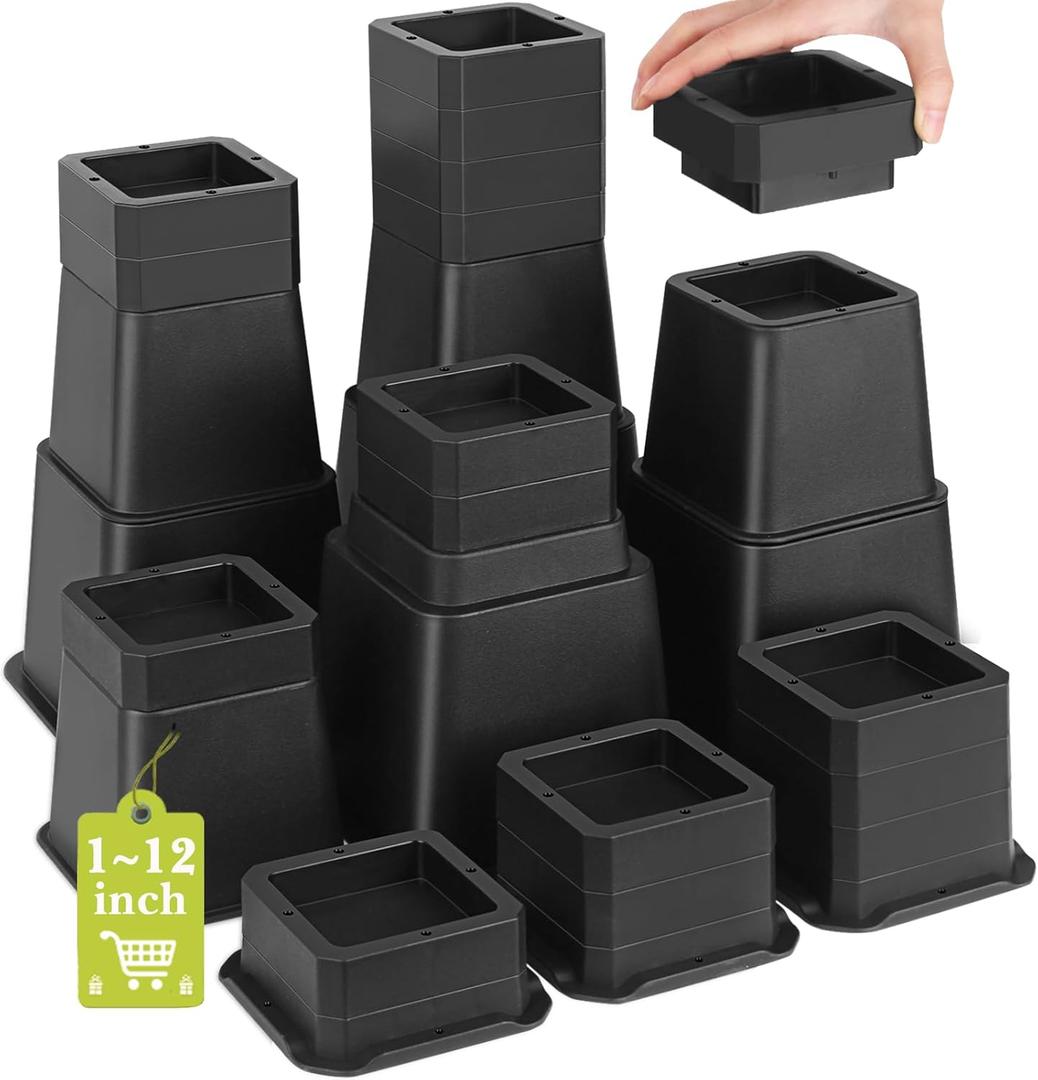 28 PCS Bed Risers 12 Inch Heavy Duty, Adjustable Furniture Risers up to 12 Inch Lift for Couch, Sofa, Table Bed Frame Legs Dorm, Black