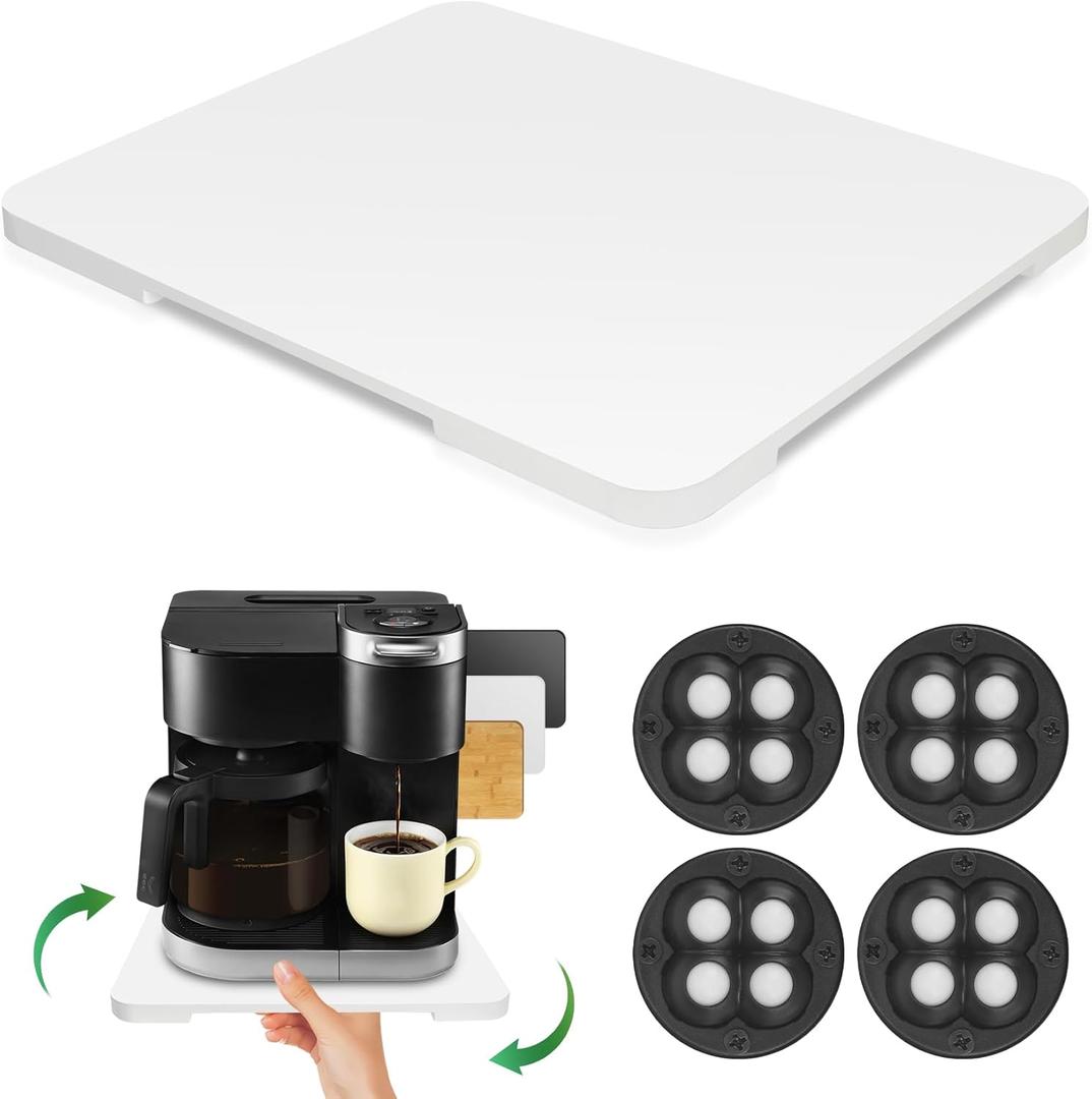 360 Rolling Tray Bamboo Appliance Slider for Kitchen Appliances, Coffee Maker Mat Tray for Countertops Sliding Tray for Coffee Maker Appliances Mat Easily from Under The Cabinet White 11.613.9
