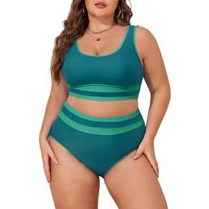 Eytino Womens Plus Size Bikini Sets High Waisted Scoop Neck Bahting Suits Two Piece Color Block Swimsuits, Size 1X 