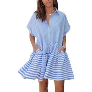 Chouyatou Women Summer Beach Short Sleeve Striped Shirt Dress Button Down Tiered Mini Tunic Babydoll Dress (Blue, XL)