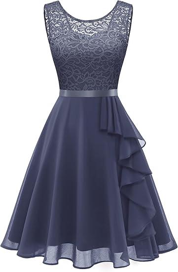 Formal Cocktail Dresses Bridesmaid Wedding Guest Short Prom Dress Ruffle Hem Christmas Sleeveless Lace Gowns, S