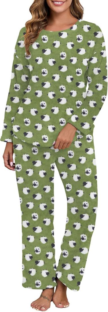 PrinStory Fluffy Pajamas for Women Set Winter Fleece Pajama Sets Warm Fuzzy Pjs Flannel 2 Piece Lounge Sets with Pockets (Green, L)